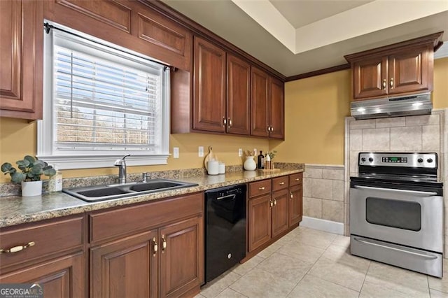 kitchen with sink, light tile patterned floors, ornamental molding, black dishwasher, and stainless steel electric stove