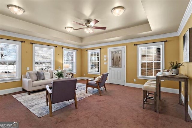 carpeted living room featuring ceiling fan, ornamental molding, and a raised ceiling