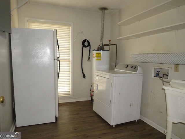 laundry area with washer / clothes dryer, dark hardwood / wood-style flooring, sink, and water heater