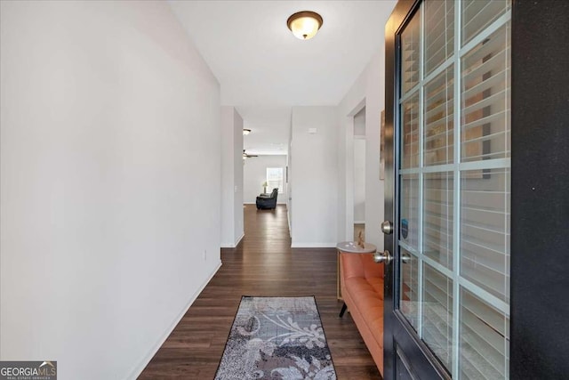 hallway with dark hardwood / wood-style flooring