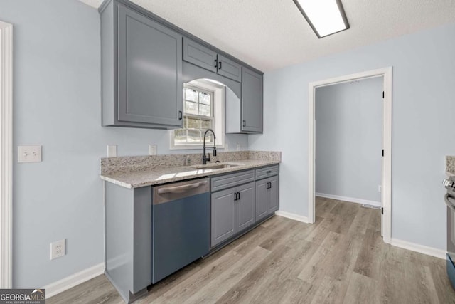 kitchen with appliances with stainless steel finishes, gray cabinets, sink, and a textured ceiling