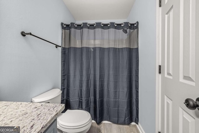 bathroom with hardwood / wood-style flooring, vanity, toilet, and a shower with curtain