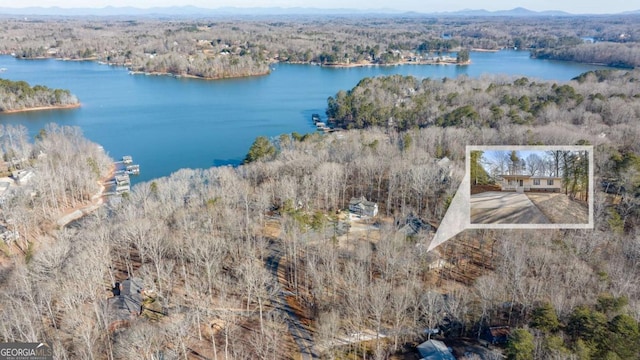 drone / aerial view with a water view