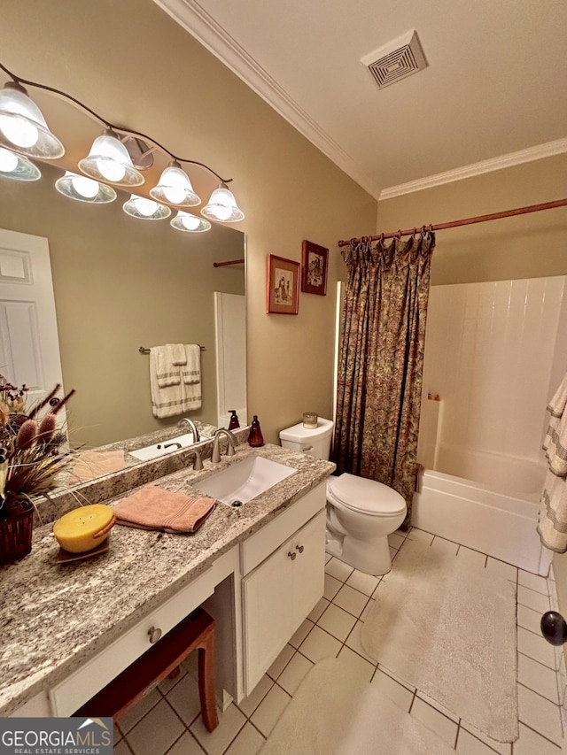 full bathroom with vanity, ornamental molding, shower / bath combination with curtain, tile patterned floors, and toilet