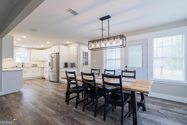 dining area with dark hardwood / wood-style flooring, sink, and a wealth of natural light