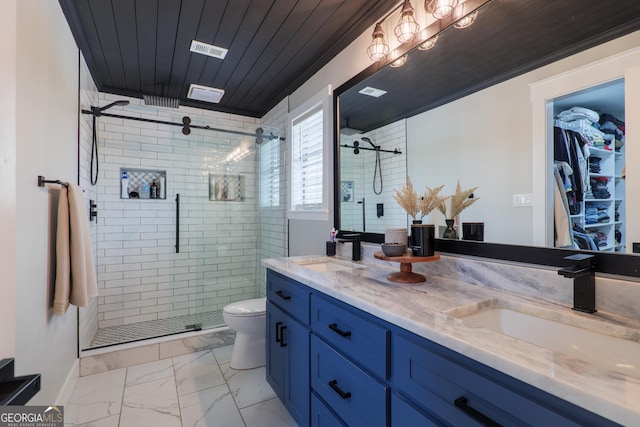 bathroom with walk in shower, vanity, toilet, and wooden ceiling