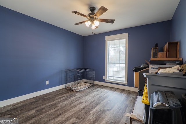 interior space featuring wood-type flooring and ceiling fan