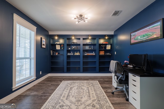 office area featuring built in shelves, dark hardwood / wood-style floors, and a wealth of natural light