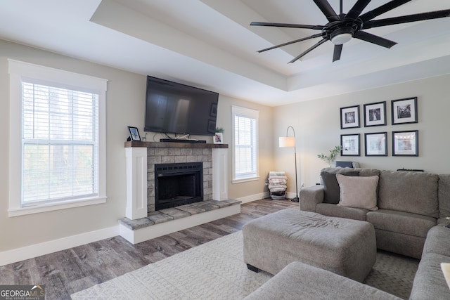 living room with a tray ceiling, a wealth of natural light, a stone fireplace, and wood-type flooring