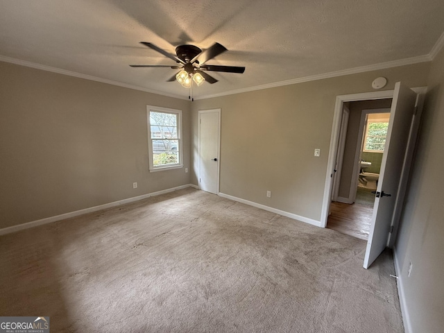 carpeted spare room with ceiling fan, ornamental molding, and a textured ceiling