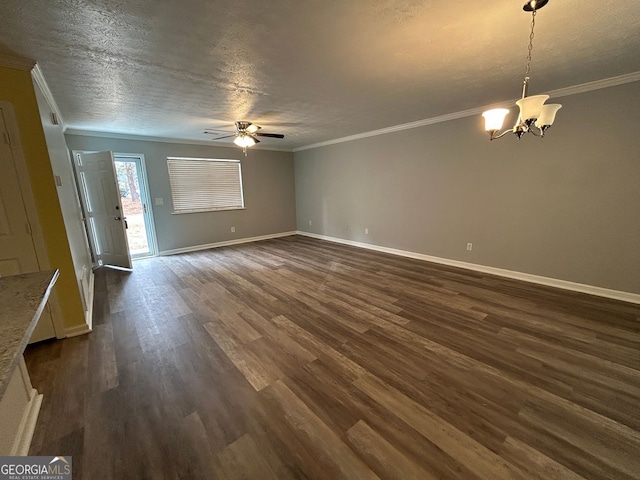 unfurnished living room featuring crown molding, dark wood-type flooring, ceiling fan with notable chandelier, and a textured ceiling