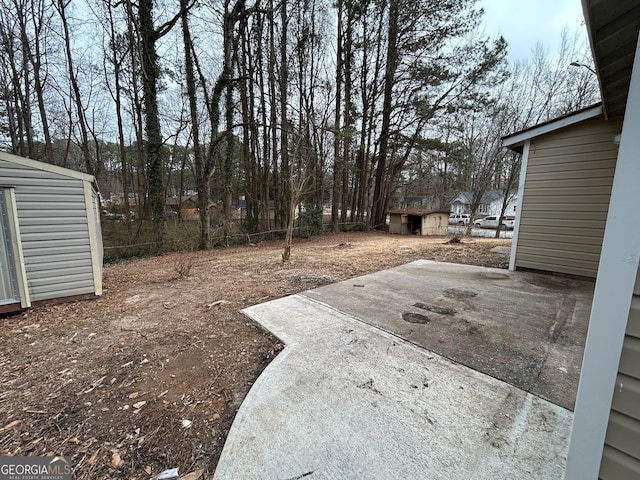 view of yard with a shed and a patio area