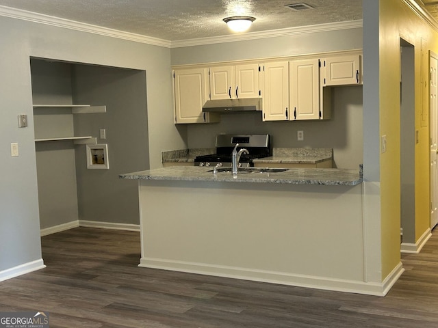 kitchen with white cabinetry, sink, stainless steel range, light stone counters, and a textured ceiling