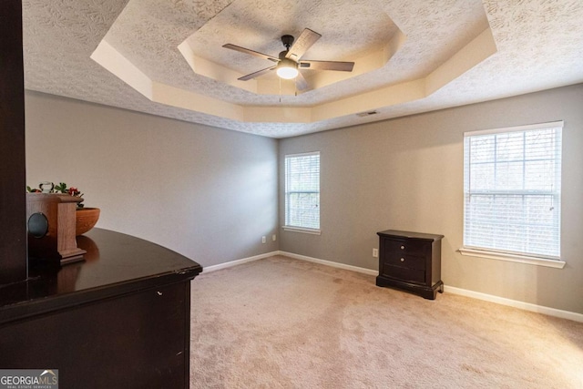 interior space with a textured ceiling, baseboards, a raised ceiling, and light colored carpet