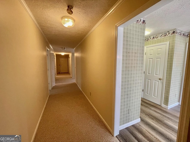 corridor with crown molding, a textured ceiling, and light wood-type flooring