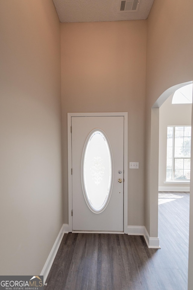 foyer entrance with a high ceiling and dark hardwood / wood-style flooring