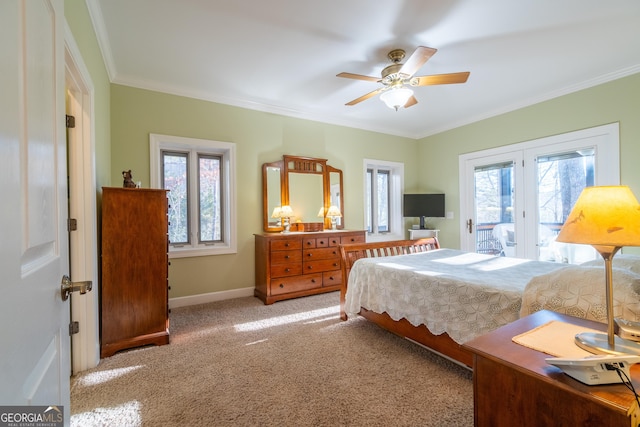 bedroom featuring light carpet, access to exterior, ornamental molding, and ceiling fan