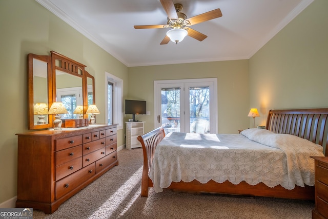 bedroom featuring light carpet, access to exterior, ornamental molding, and ceiling fan