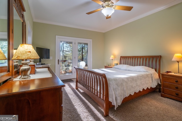 bedroom with ceiling fan, ornamental molding, dark carpet, and access to outside