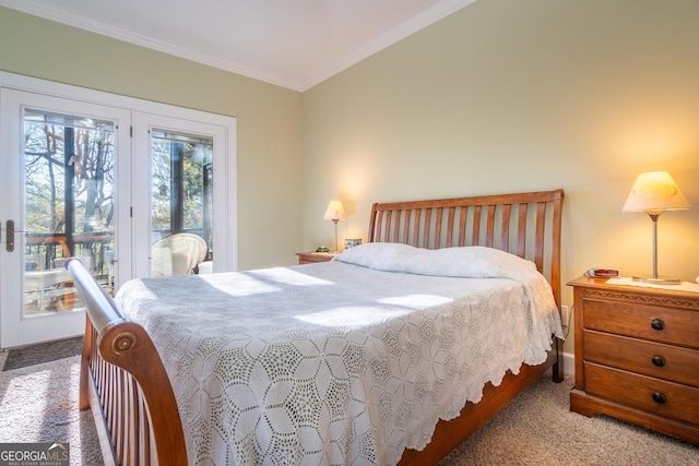 bedroom with access to outside, ornamental molding, and carpet