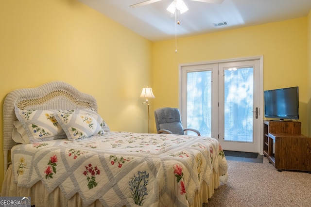 carpeted bedroom with access to exterior and ceiling fan