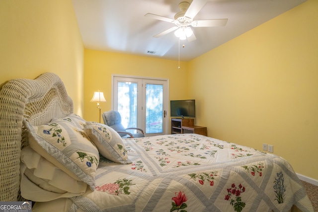 bedroom featuring ceiling fan and access to outside