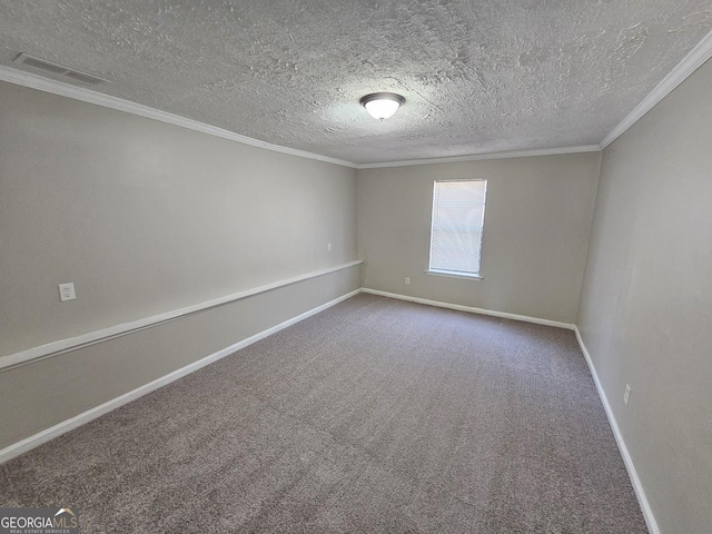 empty room featuring crown molding, a textured ceiling, and carpet flooring