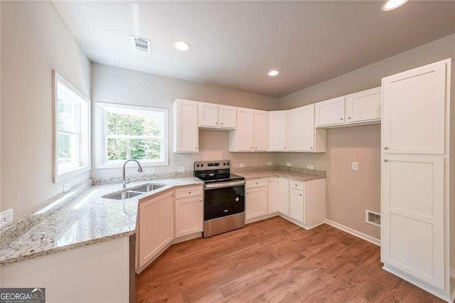 kitchen with white cabinetry, sink, light hardwood / wood-style flooring, and stainless steel electric range oven