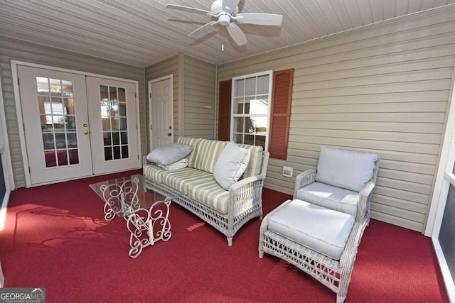 sunroom with french doors, ceiling fan, and wooden ceiling