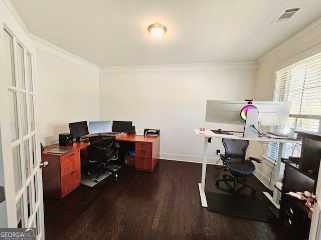 office area with ornamental molding and dark hardwood / wood-style flooring