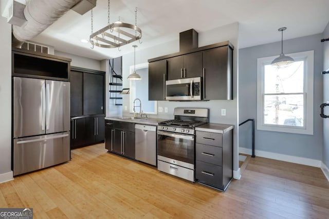 kitchen with appliances with stainless steel finishes, sink, pendant lighting, and light hardwood / wood-style floors