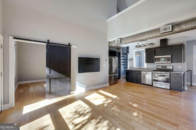 kitchen featuring sink, appliances with stainless steel finishes, a high ceiling, light hardwood / wood-style floors, and a barn door