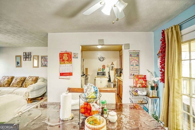 dining area with ceiling fan and a textured ceiling