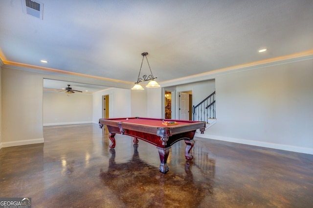 rec room featuring crown molding, billiards, and ceiling fan