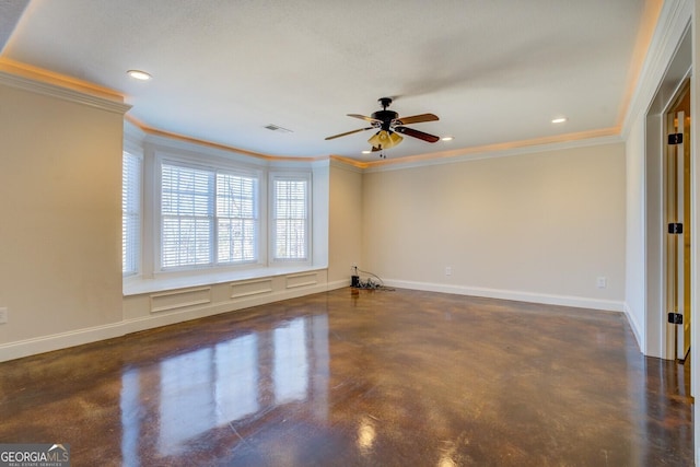 unfurnished room with crown molding and ceiling fan