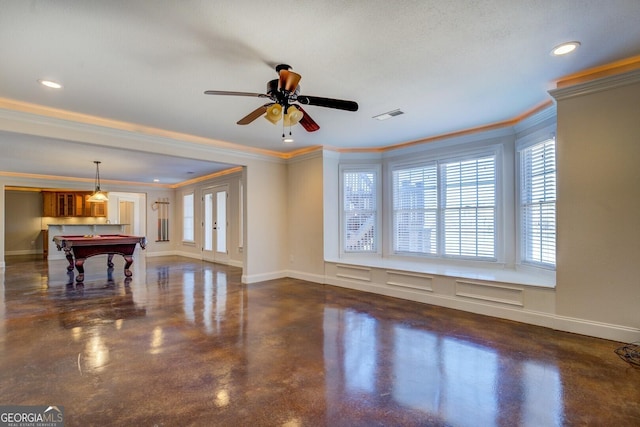 recreation room featuring crown molding, ceiling fan, and billiards