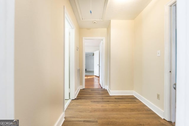 corridor with hardwood / wood-style flooring