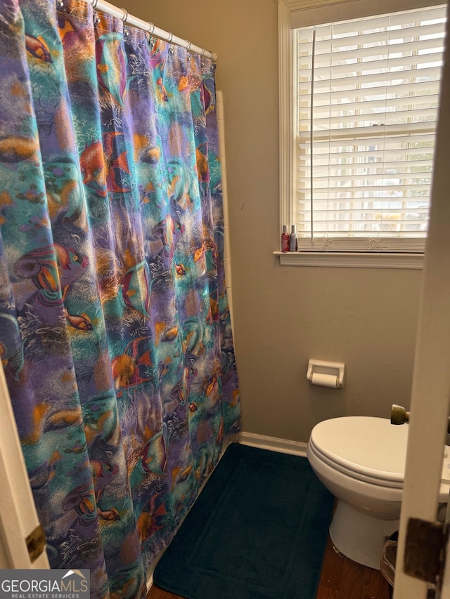 bathroom with hardwood / wood-style flooring and toilet