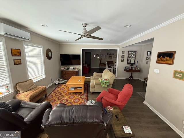 living room featuring a wall mounted air conditioner, crown molding, dark hardwood / wood-style floors, and ceiling fan