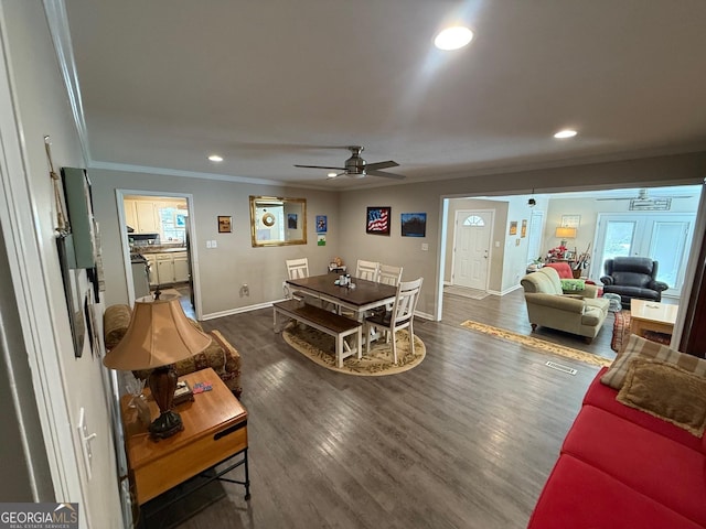 128 Byron Plantation Rd, Albany, GA 31721 - living room with baseboards, ceiling fan, dark wood finished floors, ornamental molding, and recessed lighting