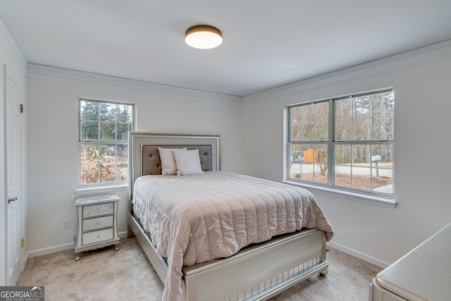 carpeted bedroom featuring crown molding