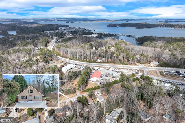 aerial view featuring a water view