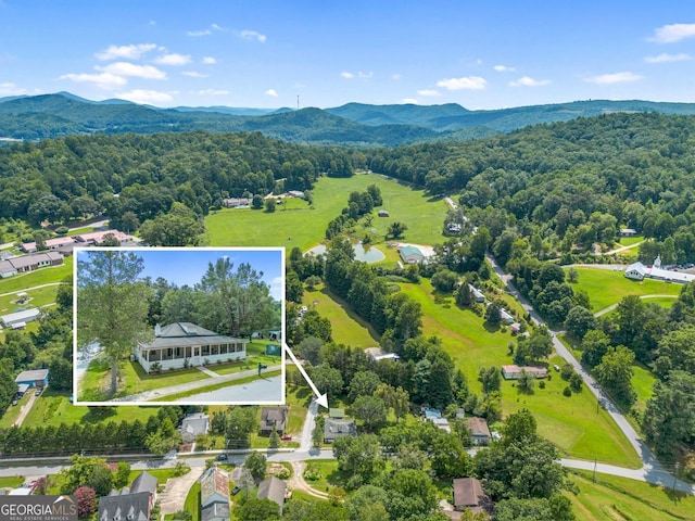 birds eye view of property featuring a mountain view