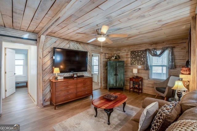 living room with wood ceiling, light hardwood / wood-style flooring, a healthy amount of sunlight, and wood walls