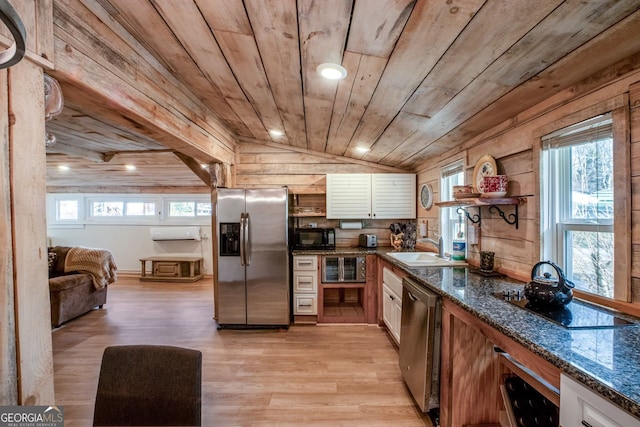 kitchen featuring lofted ceiling, wooden ceiling, wooden walls, dark stone counters, and black appliances