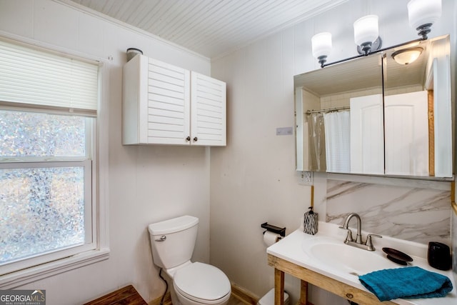 bathroom featuring sink, a wealth of natural light, ornamental molding, and toilet