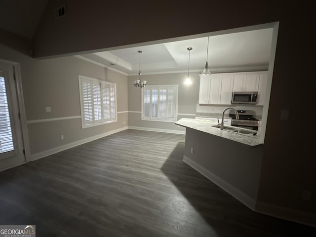 kitchen featuring pendant lighting, stainless steel appliances, light stone counters, a tray ceiling, and white cabinets