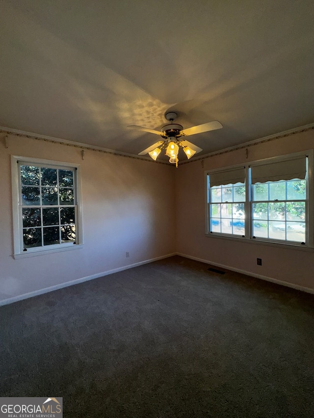 spare room featuring ceiling fan and carpet flooring