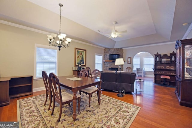 dining area with a fireplace, a tray ceiling, wood-type flooring, and plenty of natural light