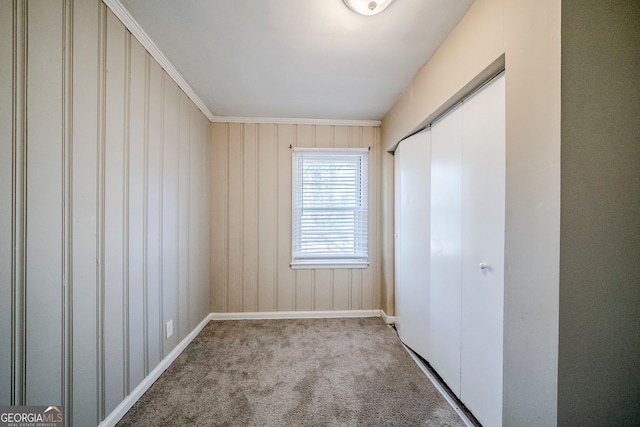 unfurnished bedroom with ornamental molding, light carpet, and a closet